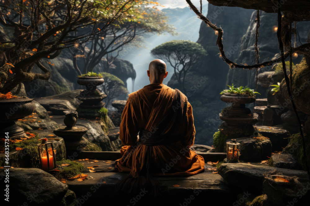 A contemplative monk meditating in a tranquil monastery garden. Concept of spirituality and inner peace. Generative Ai. A contemplative monk meditating in a tranquil monastery garden. Concept of spirituality and inner peace. Generative Ai.