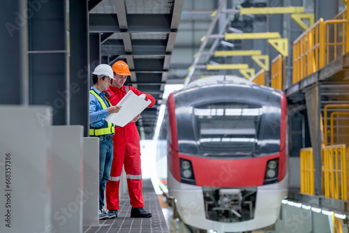 Side view of engineer and technician workers discuss with drawing paper or plan in front of sky train or electrical tran in the factory workplace.