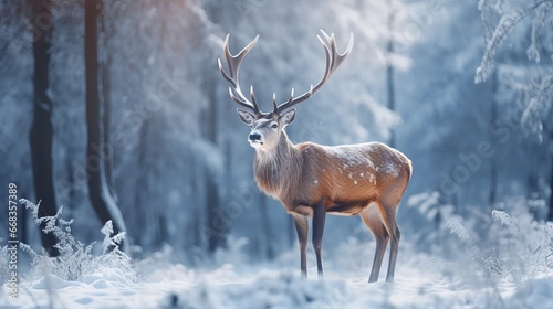 Mature male noble deer in a winter snow forest. Creative Christmas landscape in the winter.