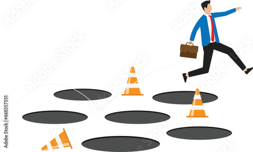 Avoid pitfall, adversity and brave to jump pass mistake or business failure, skill and creativity to solve problem concept

