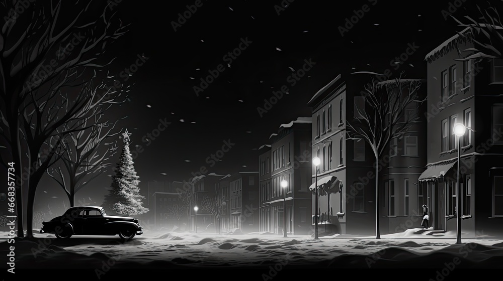 film noir christmas, a black-and-white, film noir-inspired christmas scene with dramatic lighting, vector, graphic design, white background, 8k generative AI - obrazy, fototapety, plakaty 