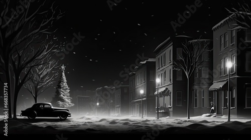 film noir christmas, a black-and-white, film noir-inspired christmas scene with dramatic lighting, vector, graphic design, white background, 8k generative AI