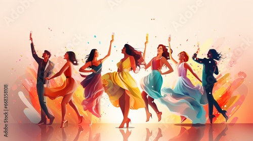 having a great party. a joyful group of attractive young individuals dancing while holding champagne flutes