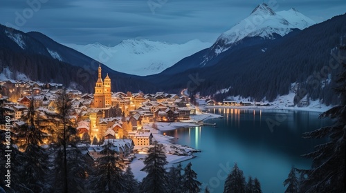 Saint Moritz as seen in a fairytale during a beautiful winter sunset