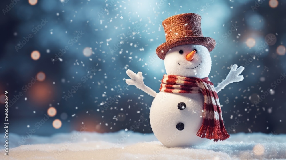 whimsical snowman cartoonish snowman wearing a scarf and top hat with falling snow in the background  generative AI