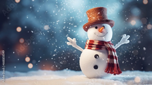 whimsical snowman cartoonish snowman wearing a scarf and top hat with falling snow in the background  generative AI © Brandon
