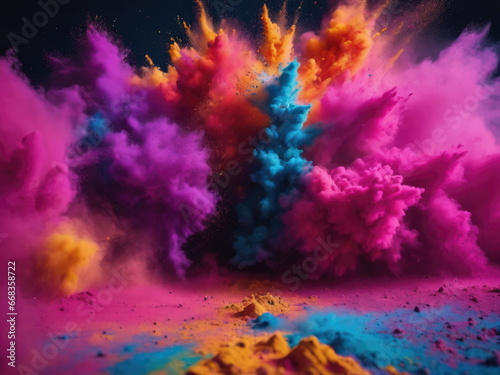 Colored powder explosion. Abstract closeup dust on backdrop. Colorful explode. Paint holi