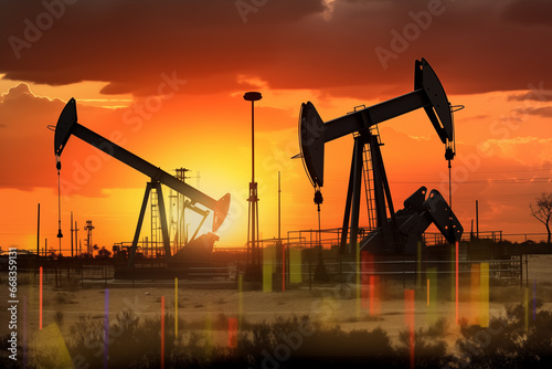 Oil drill rig and drilling derrick. Crude oil Pumpjack on oilfield on sunset. Fossil crude extraction. Global crude oil Prices, petroleum demand OPEC+. Oil prices on global market. Pump jack, oilfield photo