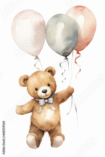 a watercolor cute teddy holds balloons, in the style of gray and beige, Generative AI