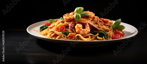 Italian fusion style stir fried spaghetti with grilled shrimps and tomatoes
