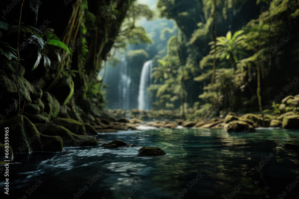 A serene waterfall surrounded by lush greenery in a pristine rainforest. Concept of natural beauty and serenity. Generative Ai. A serene waterfall surrounded by lush greenery in a pristine rainforest. Concept of natural beauty and serenity. Generative Ai.