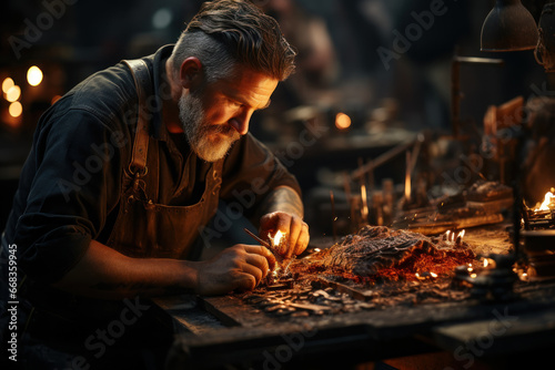 A resourceful blacksmith crafting intricate metalwork designs with skilled hands. Concept of metal craftsmanship and artistry. Generative Ai.