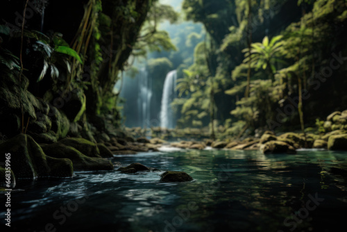A serene waterfall surrounded by lush greenery in a pristine rainforest. Concept of natural beauty and serenity. Generative Ai.