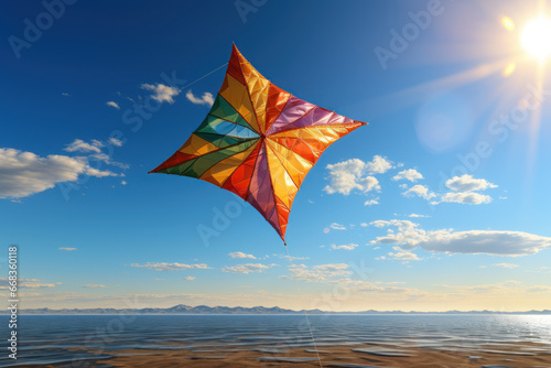 An imaginative kite flyer sending colorful kites soaring high in the clear blue sky. Concept of recreation and aviation. Generative Ai.