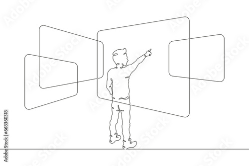 A child with large screens. Interactive monitors. The child touches the big screen. Many monitors. One continuous line drawing.Linear. Hand drawn,white background.