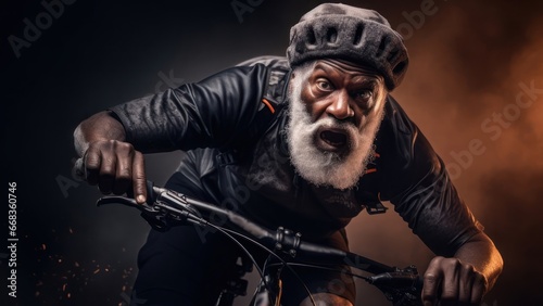 Black Male Elderly Stunt Cyclist Thrilling Backdrop Generative AI © Johnathan