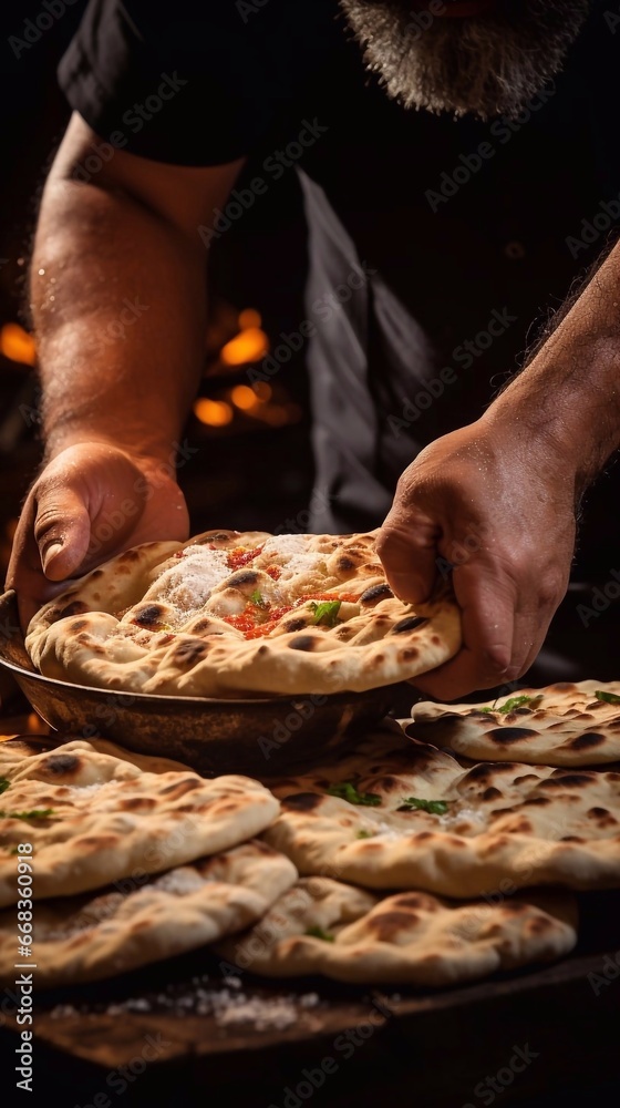 Freshly baked flatbread in man hands. AI generated Freshly baked flatbread in man hands. AI generated