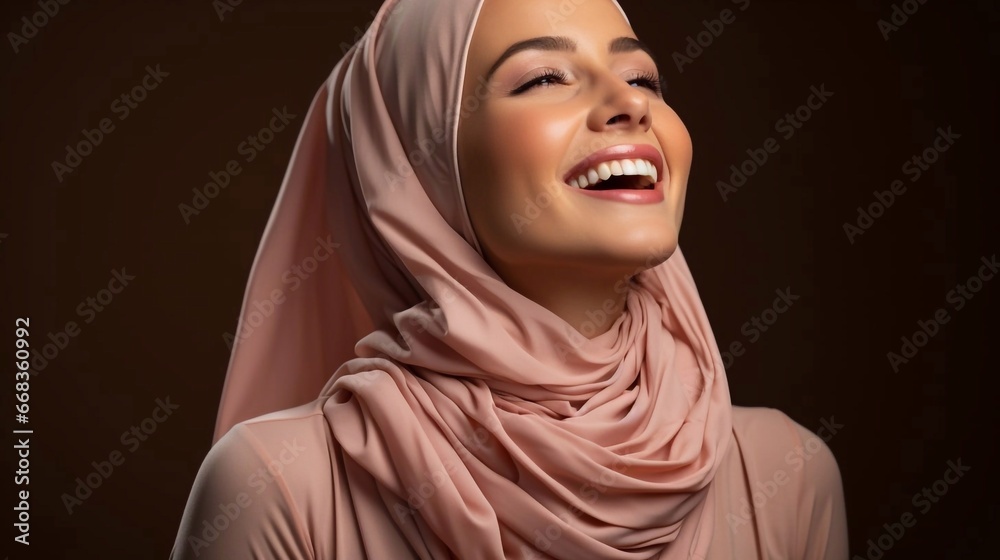 Portrait of young woman wearing in pink hijab on dark background with copy paste place. Smilling muslim woman. AI generation