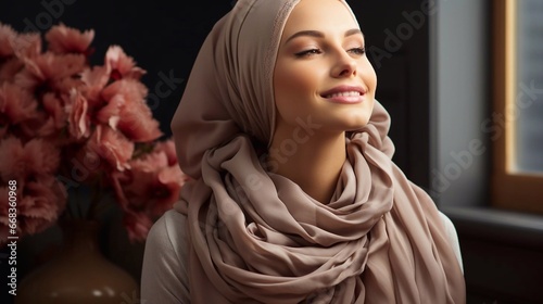 Portrait of beautiful woman wearing in hijab, sitting near window. AI generation