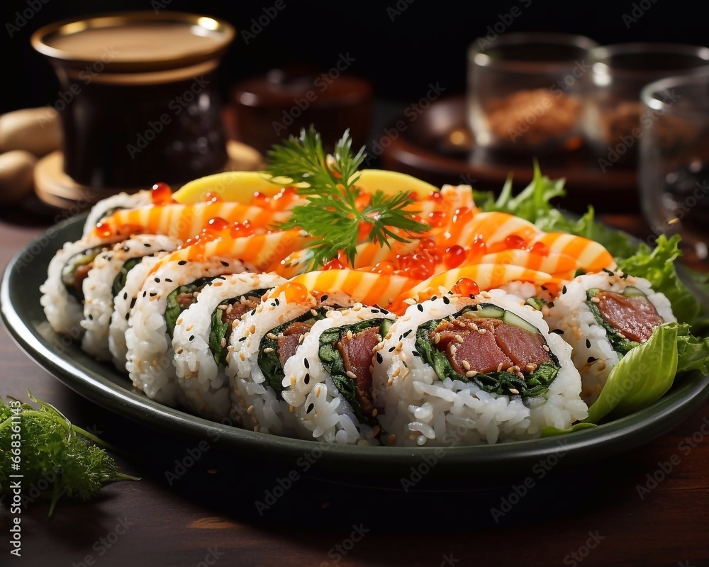 Gimbap or kimbap, korean stuffed rolls in plate, traditional asian food. Dark background, ai generated Gimbap or kimbap, korean stuffed rolls in plate, traditional asian food. Dark background, ai generated