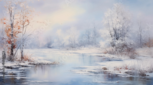 Abstract beautiful landscape, art painting, frozen winter