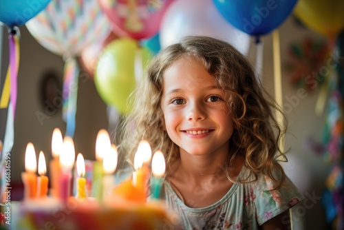 A young girl smiles as she sits in front of a birthday cake with lit candles. Generative AI.