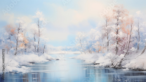 Abstract beautiful landscape, art painting, frozen winter © toomi123