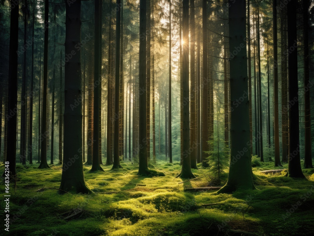 Fototapeta premium The sun is shining through the trees in the forest. Generative AI.