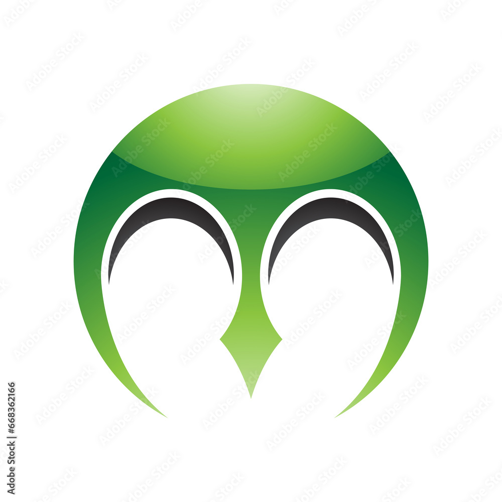 Green and Black Glossy Round Letter M Icon with Pointy Tips