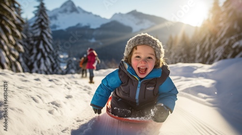 A little boy riding a slides down a snow-covered slope. Generative AI. © Natalia