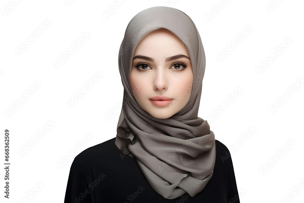 Naklejka premium Modestly dressed lady in Islamic dress code, Hijabi or Veiled Muslim girl (Cutout PNG) isolated on transparent background, AI
