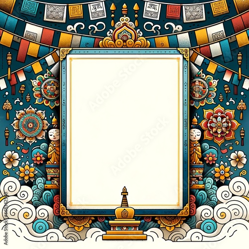 Poster layout template featuring Tibetan cultural symbols, such as prayer flags and mandalas, frame the borders. photo