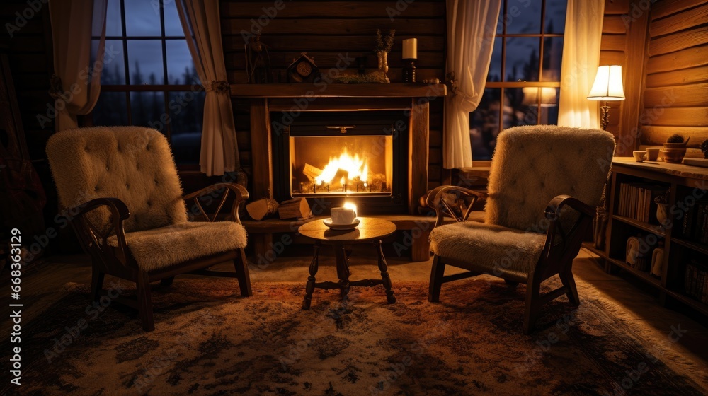A cozy living room with a fireplace, fur-covered armchairs, and a snowy landscape outside. A cozy living room with a fireplace, fur-covered armchairs, and a snowy landscape outside.