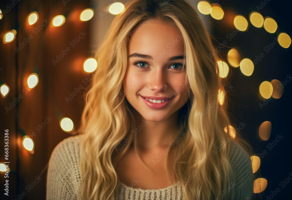 A beautiful woman in front of the christmas lights.