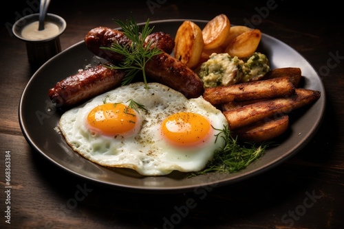 Delicious breakfast with grilled sausages, sunny-side-up eggs, crispy potatoes, and creamy sauce.