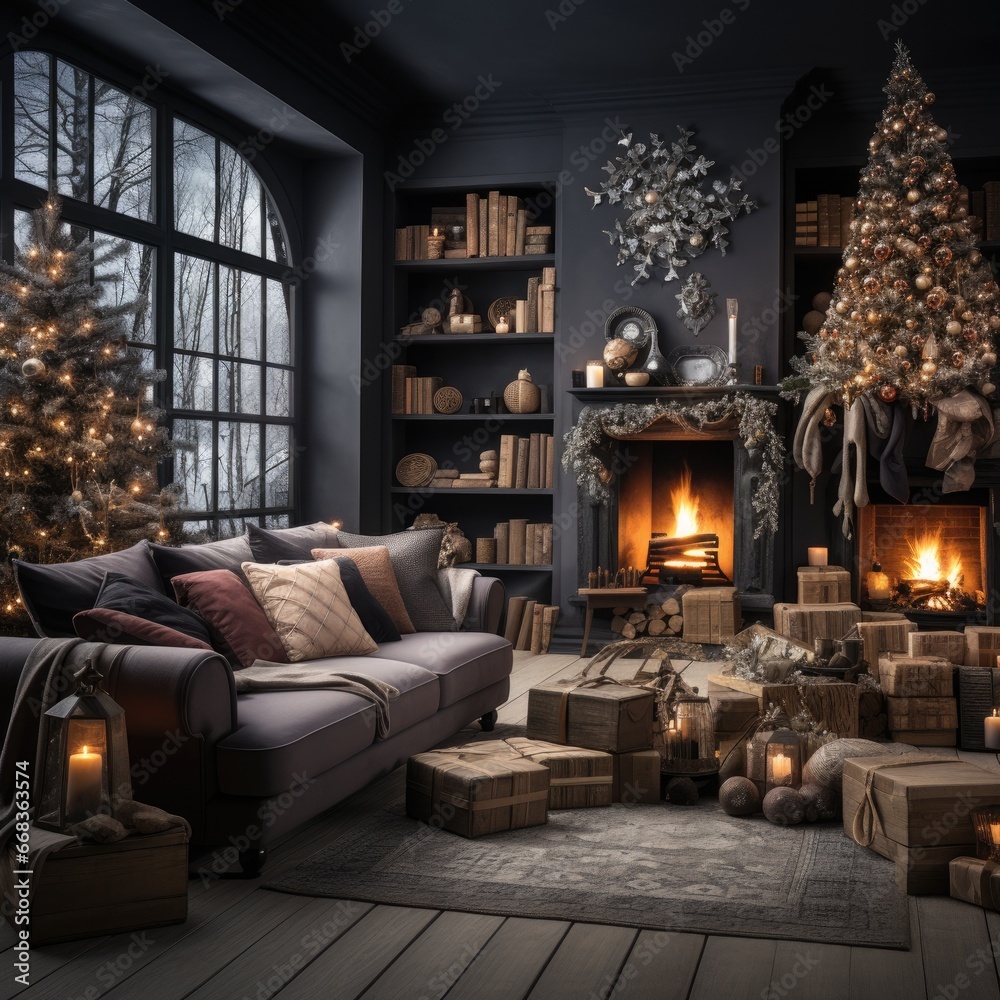 Fototapeta premium Cozy Christmas Night by the Fireplace: Embracing Warmth and Comfort in the Living Room