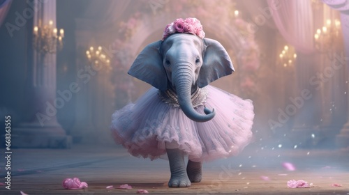 An elephant is in a pink tutu and a flower crown. Generative AI.