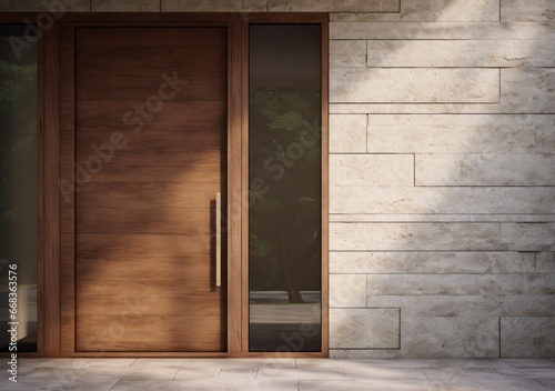 A wooden front door with a glass window. Generative AI.