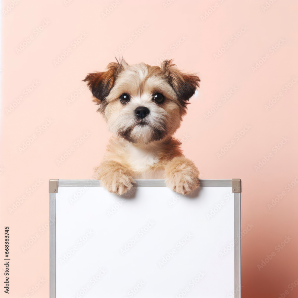 © Igor - a cute dog holding with blank white board on pastel background. ai generative © Igor - a cute dog holding with blank white board on pastel background. ai generative