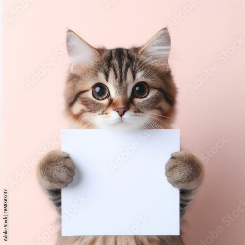 a cute tabby cat holding with blank white board on pastel background. ai generative