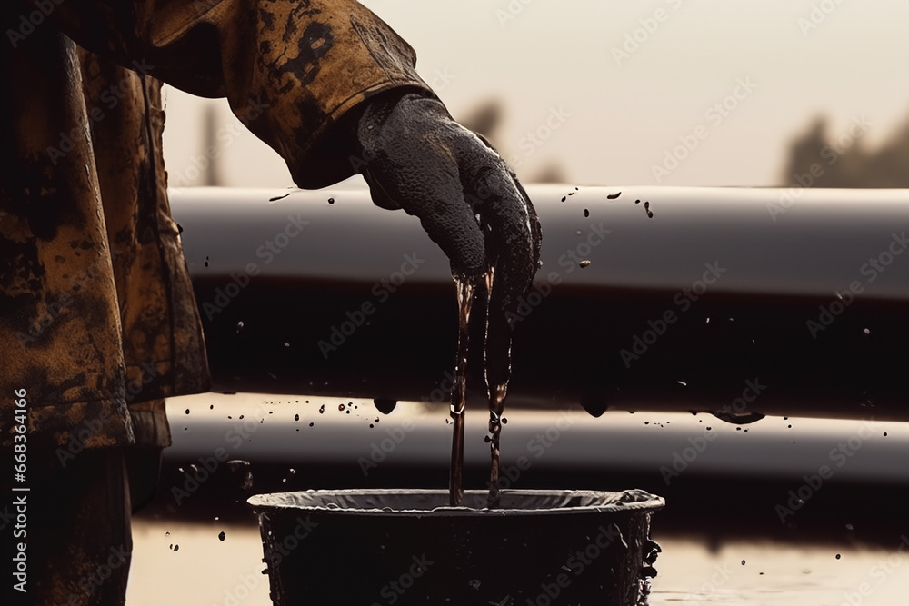 Oil pipeline with spilled crude oil. Worker's hand in crude bucket on