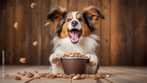 dog with food in the mouth. pet animal. pet care.
