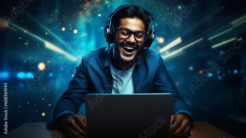 young african american male in headphones using computer while sitting in modern apartment.