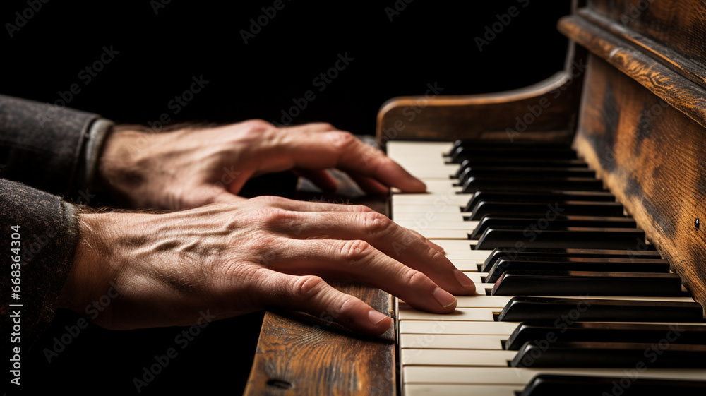 close up of male hands playing piano
