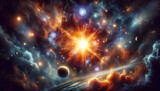 Cosmic photo showcasing stars, planets, and nebulae with a vibrant orange energy burst at the core, reflecting fervor and brightening the expanse.