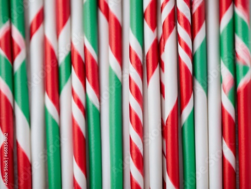 A Bunch Of Candy Canes With Green And Red Stripes