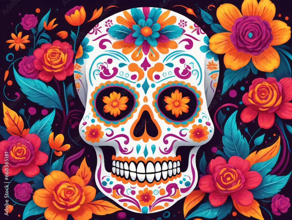 A Skull With Flowers And Leaves On A Black Background