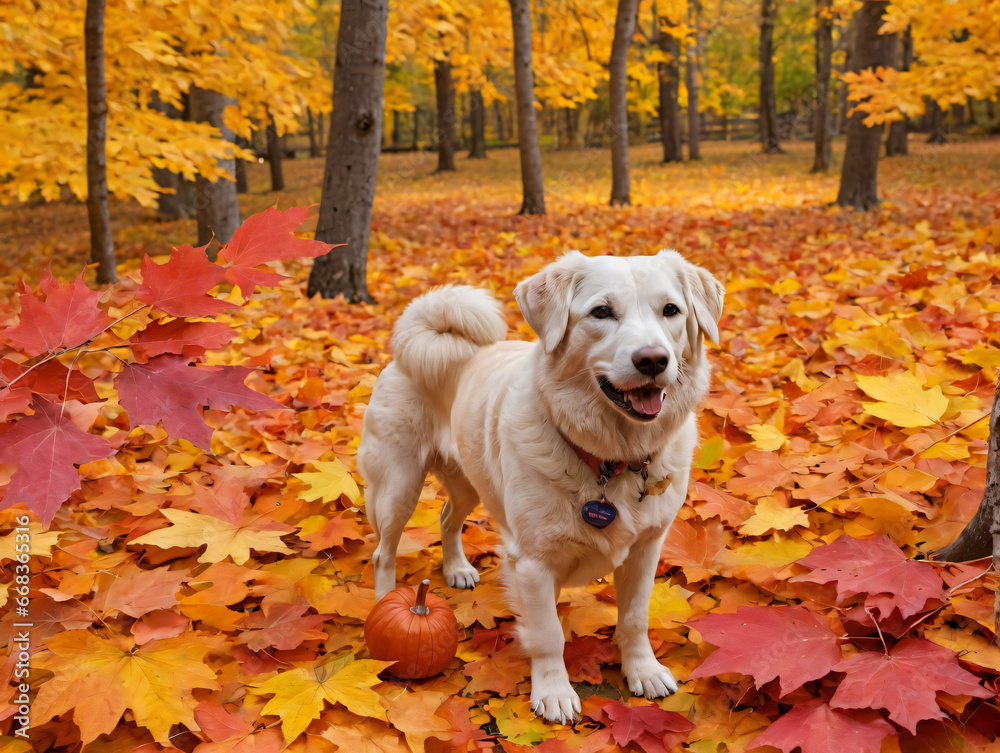 A Dog Standing In A Pile Of Leaves