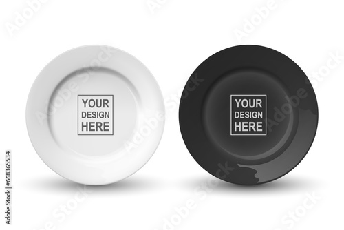 Vector 3d Realistic White and Black Empty Porcelain, Ceramic Plate Icon Set Closeup Isolated. Design Template for Mockup. Stock Vector Illustration. Top, Front View