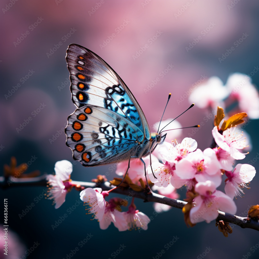 Fondo con detalle y textura de mariposa de tonos azules posada sobre flores de cerezo Fondo con detalle y textura de mariposa de tonos azules posada sobre flores de cerezo